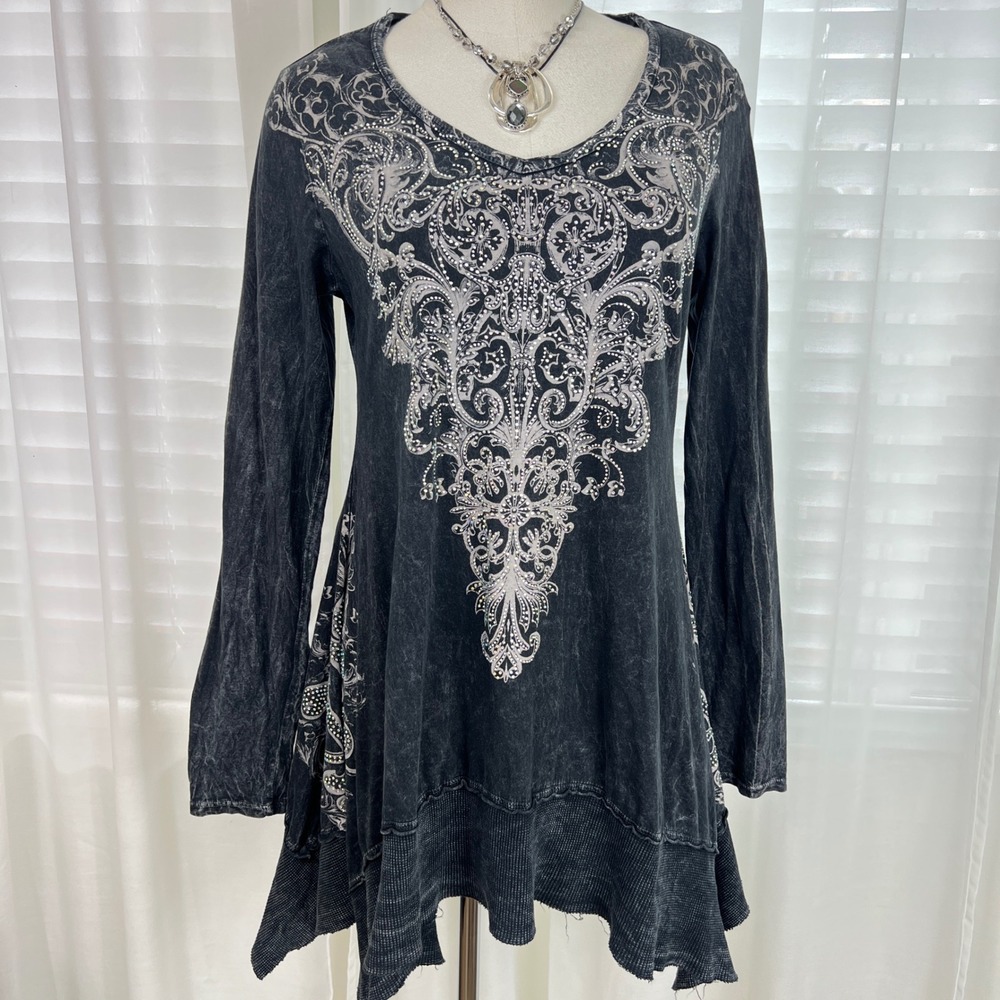 Vocal Womens XL Black Acid Wash Rhinestone Tunic Top whimsi dark fairy grunge - Picture 2 of 8